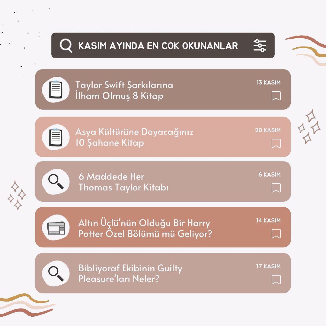 Birbirinden farklı içeriklerimizle harika bir ay geçirdik! Shadowghast’ten Cadılar Bayramı’na, Harry Potter’dan Taylor Swift’e birçok içerik şimdi Bibliyoraf.com’da sizleri bekliyor!🌟  Hepsi ve çok daha fazlası Bibliyoraf.com’da, linki ise biyografimizde.🤟🏻  Sizin bu ay en keyif alarak okuduğunuz ve en çok beğendiğiniz içerik hangisiydi?  #bibliyoraf